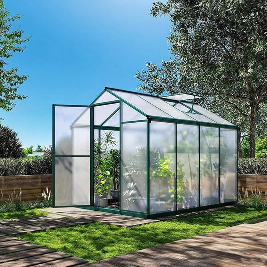 Greenhouse for Outdoors 8 x 6.25 Ft, Polycarbonate Greenhouse with Lock, Roof Windows Vent and Rain Gutter, Aluminum Large Walk-in Green Houses, for Patio Garden Backyard Outside, Green