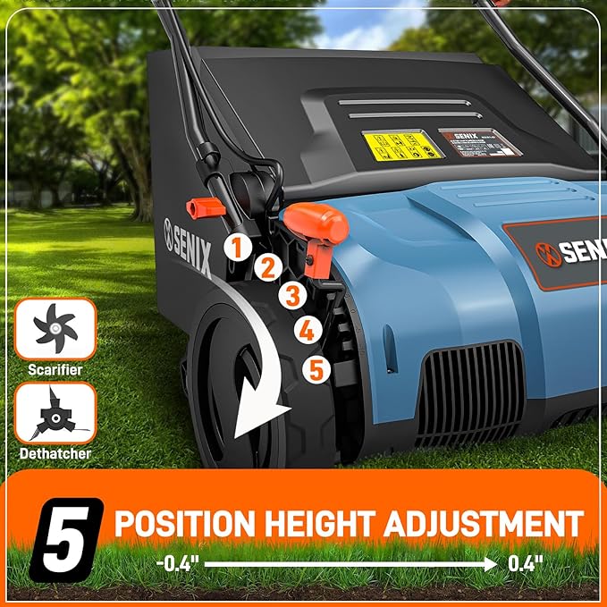 SENIX 13 Amp 15-Inch 2-in-1 Electric Dethatcher and Scarifier with 13.2-Gal Collection Bag,4-Position Depth Adjustment,Walk Behind for Lawn Garden Care Removing Thatch,Quick-Fold(SCE13-M)