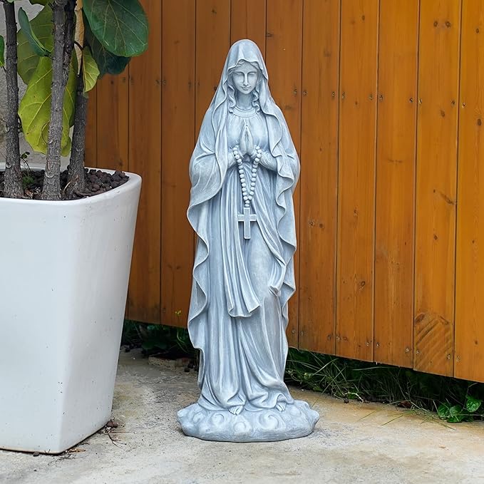 Virgin Mary Praying Statue 31.49 Inch Tall Outdoor Garden Religious Garden Outdoor Yard Patio Deck Home Entryway Hallway Sculpture Magnesium Oxide Stone （Grey Virgin）