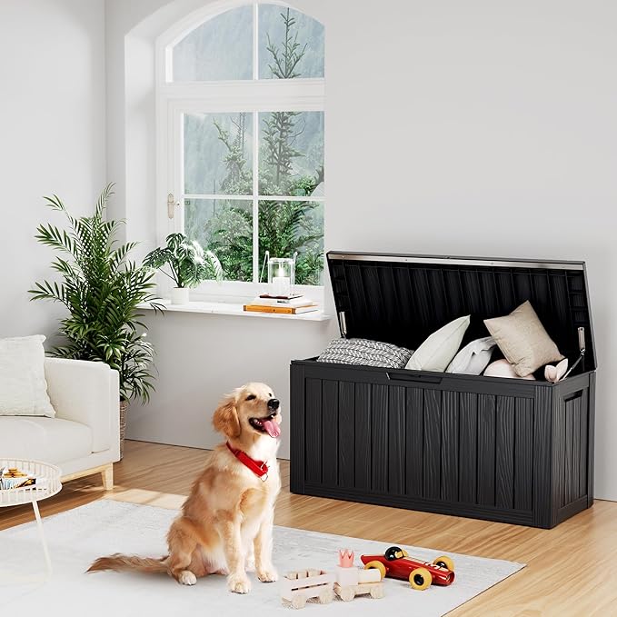 80GAL Black Outdoor Deck Box with Lockable Lid - Waterproof, SGS - Tested UV Resistance, Offers Ample Space for Patio Cushions, Pool Accessories, and Gardening Supplies, Simple Assembly Process