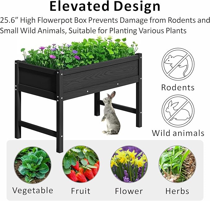 Raised Garden Bed Outdoor with Legs,HDPE Elevated Planter Box Rot-Resistant and Non-Cracking,Raised Beds for Gardening for Backyard, Patio, Balcony, 300lb Capacity Black