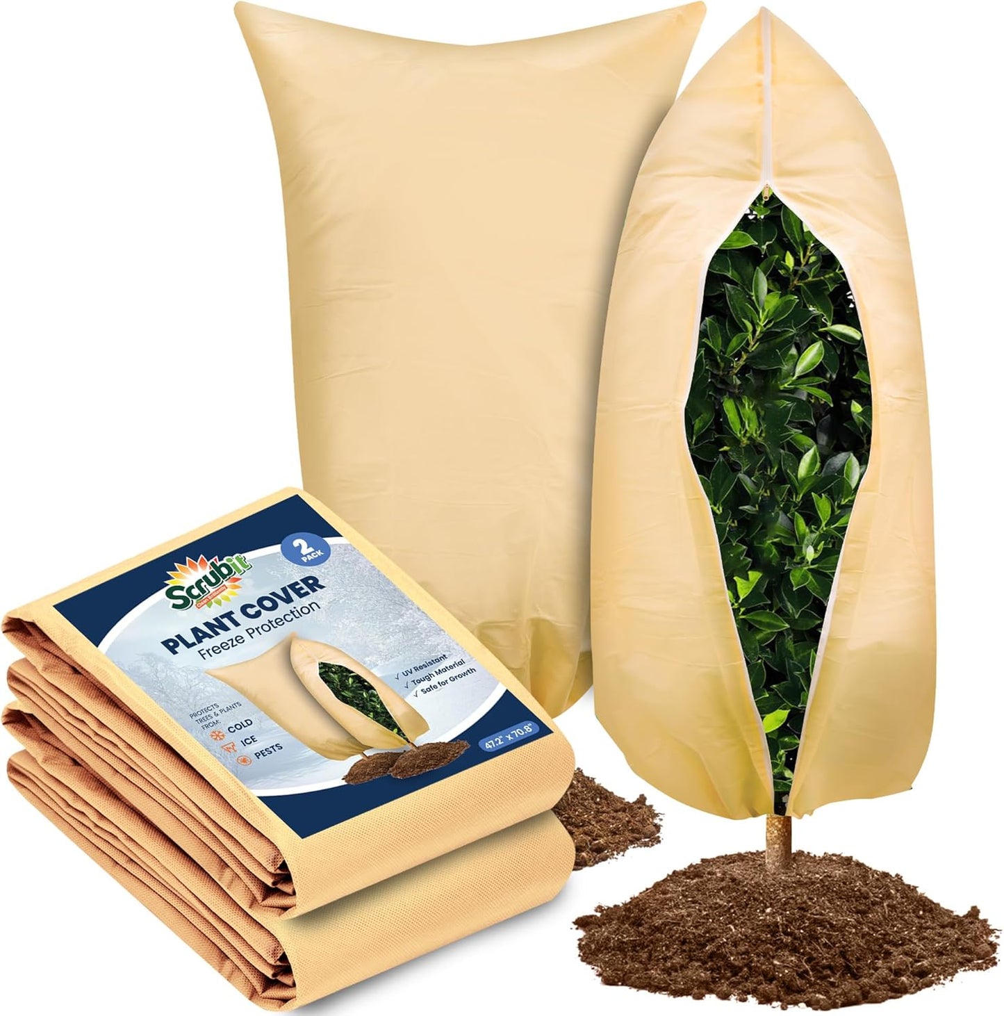 SCRUBIT Plant Covers Freeze Protection, 47.2 X 70.8 in. Frost Cloths for Outdoor Plants Fruit Trees & Shrubs with Zipper and Drawstring, Thick Winter Plant Covers - 2 Pack Tree Frost Blankets