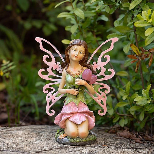 Fairy Decor, Solar Outdoor Statue, Accessories for Fairy Garden Gifts - Resin Figurine for Patio Yard Lawn, Size 8.35 x 4.92 x 10.82 inches