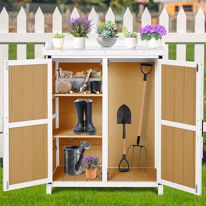 Potting Bench Outdoor Cabinet with Metal Tabletop, Wooden Storage Cabinets Weatherproof for Outside, Planting Work Benches with Adjustable Shelf, Doors for Garden Patio Lawn