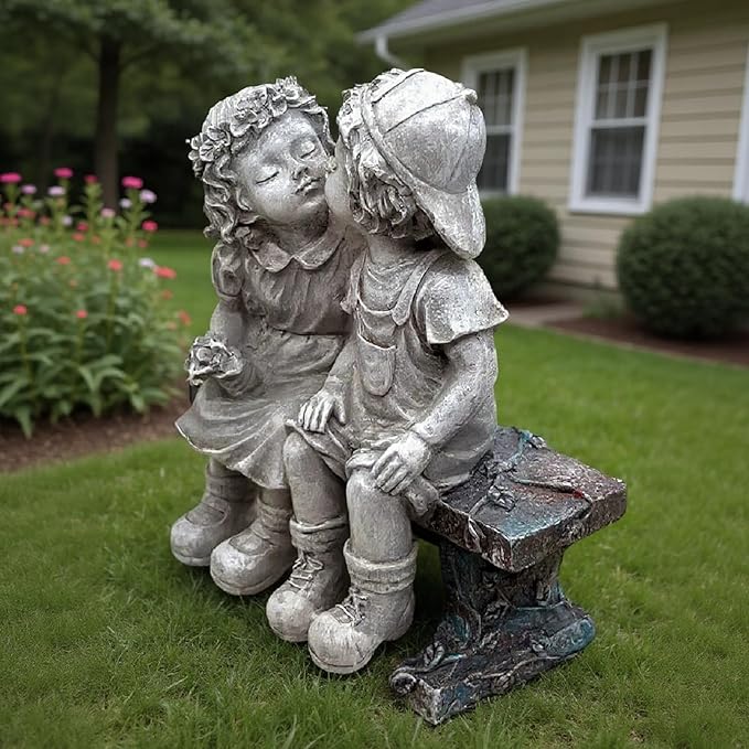 Boy and Girls Statues Outdoor Decorative for Garden, Fisrt Kiss Yard Statue for Patio Porch Lawn Bookshelf Decor, Couple Garden Sculpture, 8 1/4" L x 4 3/4" W x 9" H