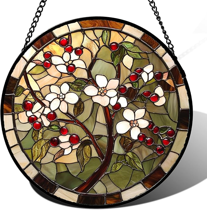 CRIS GIF Stained Glass Window Hanging - Hawthorn Tree Birth Flowers Suncatcher for Doors Garden Patio Sun Catchers Decor Christmas Mother's Day Birthday Gifts for Women Men Mom Nana Friend 15 in