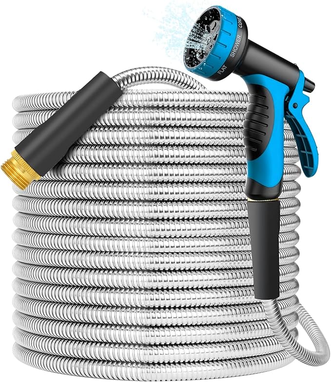 Stainless Steel 75FT Garden Hose with 10 Functions, Adjustable Spray Nozzle, Flexible Durable No Kink Leak Dog Proof Metal Water Hose for Yard Lawn