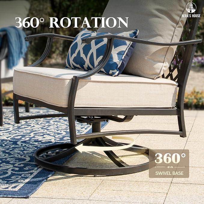 HERA'S HOUSE 5 Piece Patio Furniture Set, 2 x Swivel Chair, 2 x Ottoman, 1 x 3-Seat Sofa, All Cushioned 7 Seats Outdoor Conversation Set for Lawn Garden Backyard