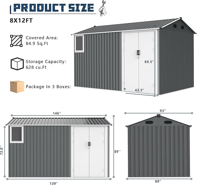 8x12 Ft Outdoor Storage Shed with Floor Frame and Window,Large Metal Utility Tool House W/Double Hinged Door & 4 Air Vents,All Weather Waterproof Garden Sheds for Backyard,Patio,Lawn,Dark Gray