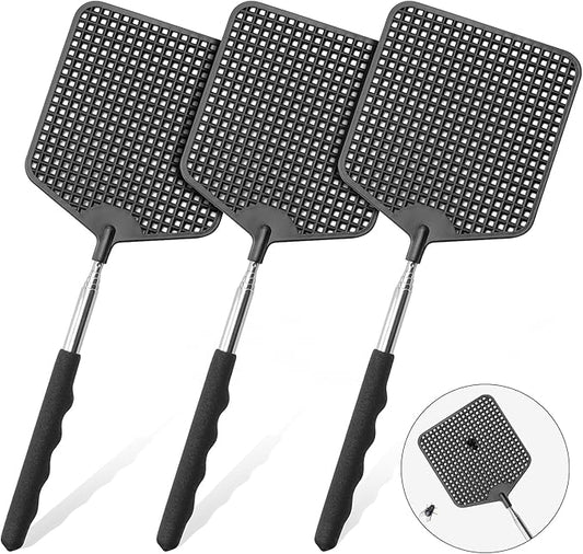 Telescopic Fly Swatter 3 Pack, Premium Plastic Fly Swatter, Flyswatters Heavy Duty, Stainless Steel Handle（Black）