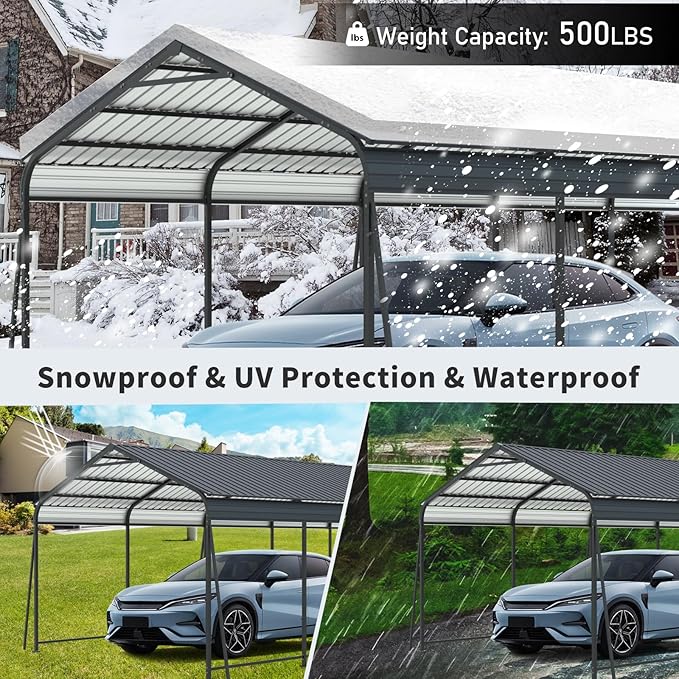 13x26.5 FT Metal Carport, Heavy Duty Car Port Canopy with Galvanized Steel Roof & Frame, Oversized Metal Carport Kit, Outdoor 2 Car Garage, Steel Car Shelter for Car, Boat, Truck, Charcoal