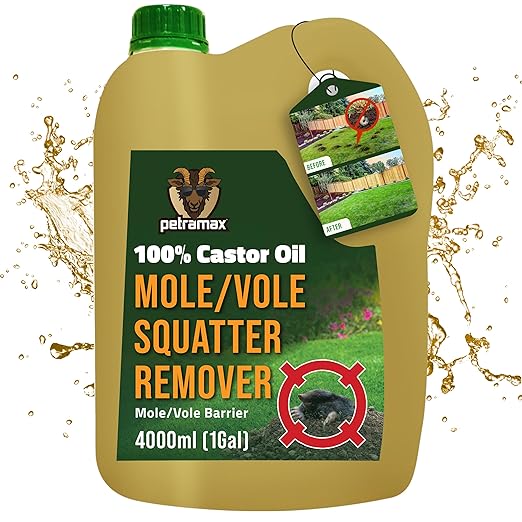 Petra 100% Castor Oil for Moles and Voles - Get Rid of Moles & Voles - Most Effective Way to Get Rid of Moles in Your Yard - Gopher, Ground Mole, Vole Caster Oil - Pet Safe, Food Grade (135 Fl Oz)
