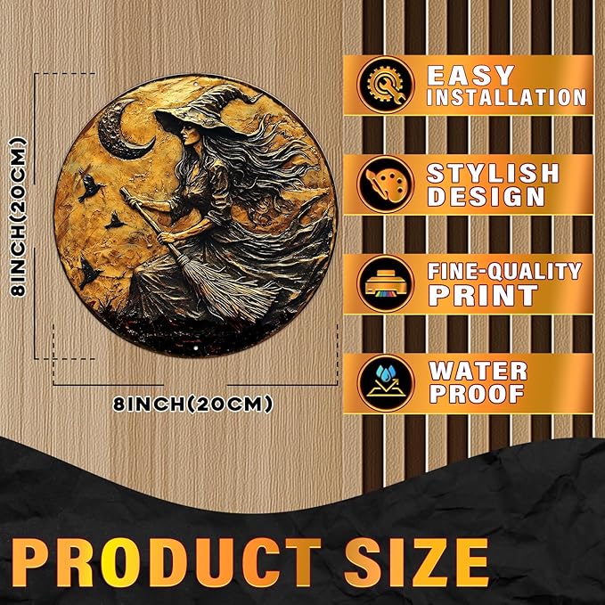 PEACHGARDEN Round 2D Halloween Witch Broom Vintage Sign Halloween Witch Metal Tin Sign for Home Bar Kitchen Hotel Dining Room Coffee 8x8inch