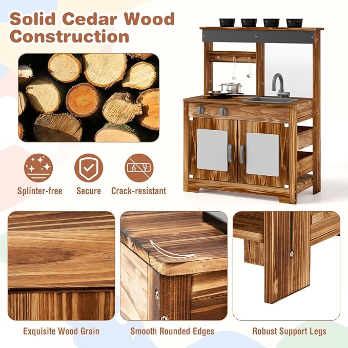 HONEY JOY Mud Kitchen, Cedar Wood Outdoor Play Kitchen for Toddlers, Acrylic Board, Removable Sink, 4 Planting Cups, Kitchen Accessories, Garden Time Mud Kitchen for Kids Outdoor Backyard