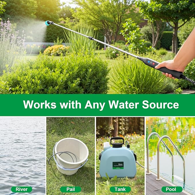 23.6" Battery Powered Sprayer Wand, 2025 Upgraded Electric Sprayer Telescopic Wand with 3 Spray Forces, Battery Indicator, 16.4FT Hose, 3 Mist Nozzles for Lawn and Garden