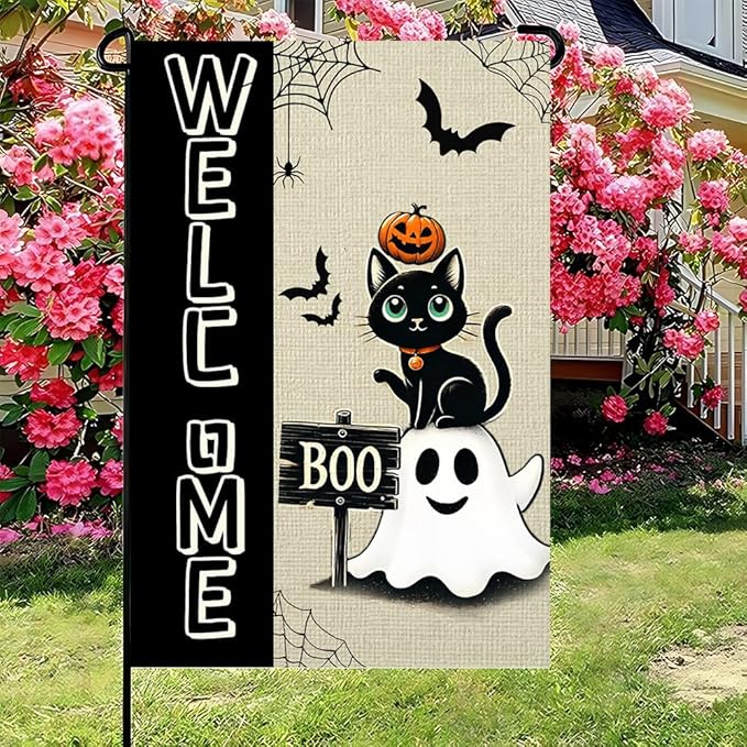 Halloween Black Cat Garden Flag 12x18 Inch Double Sided Polyester Outdoor Flag