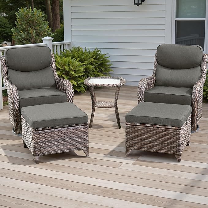 Wicker Outdoor Patio Furniture Set - 5 Piece Patio Conversation Sets with Swivel Rocker Chairs, Ottomans and Side Table, 6 inch Cushions, Waterproof Wicker, for Porch Deck Brown/Grey
