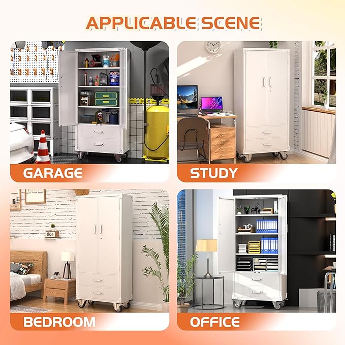 Metal Garage Storage Cabinet with 2 Drawers, Rolling Storage Cabinet with 2 Lockable Doors for Garage Home Office,Required Assembly,White