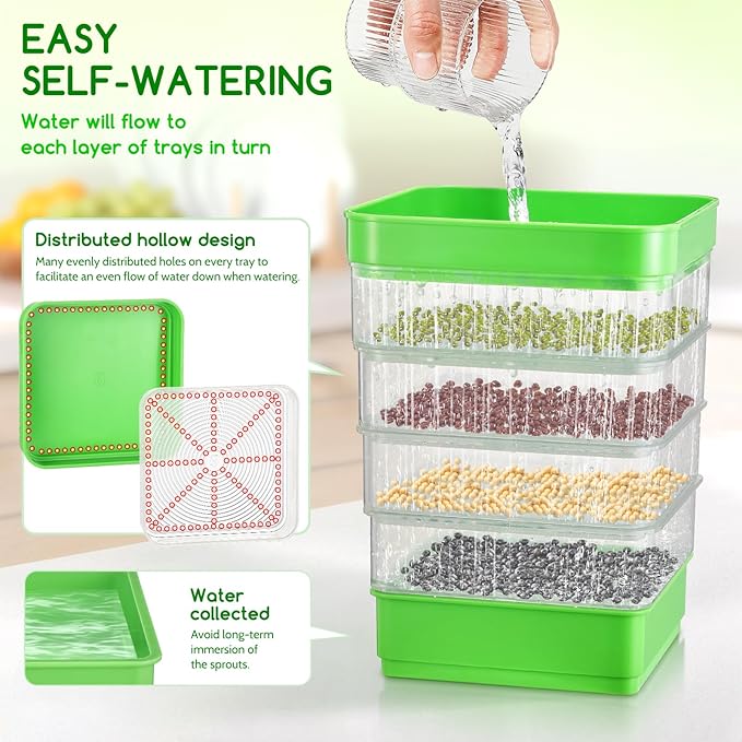 Creative.C Bean Seed Sprouter Kit Micro Greens Growing Trays with Sprout Lid Blackout Sleeves Drain Tray Four Tier Stackable Sprouts Growing Kit for Broccoli Alfalfa Seed Wheat Grass
