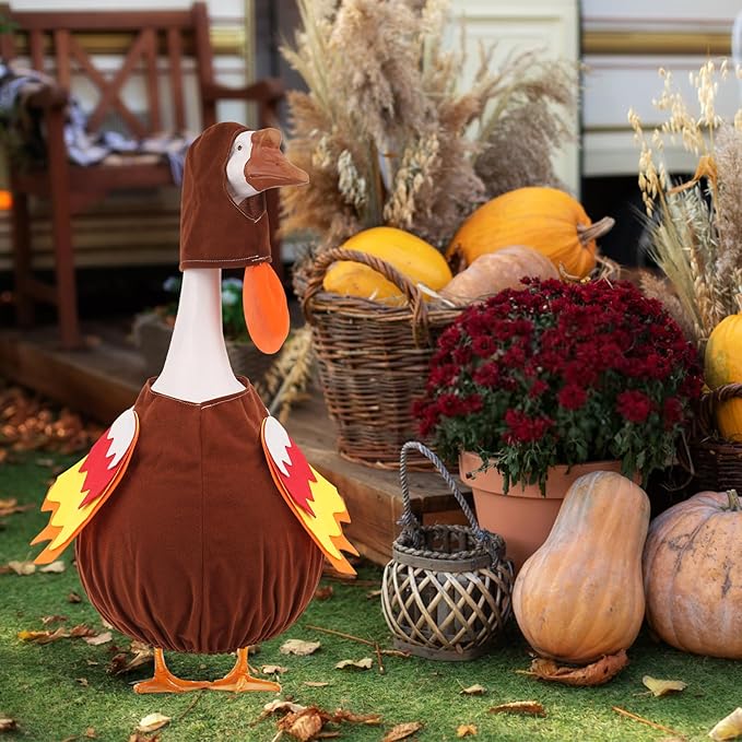 Porch Goose Outfits Turkey with Accessories Yard Garden Lawn Goose Clothes for Plastic Cement Goose Statue 23" H Large Fall Autumn Thanksgiving Porch Goose Costume Set for Patio Outdoor Decoration