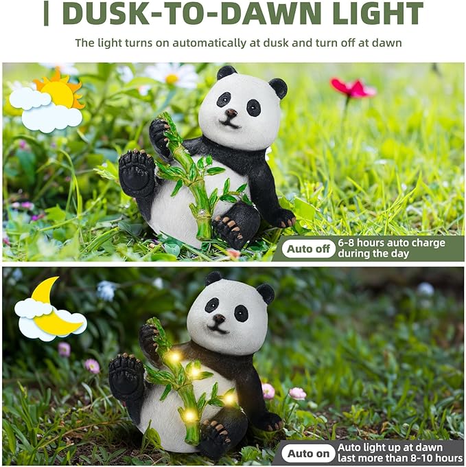 Solar Panda Statue for Garden Outdoor Decor Polyresin Panda Sculpture Figurine Bamboo with LED Lights for Patio Balcony Yard Lawn Decorations (Lying Posture)