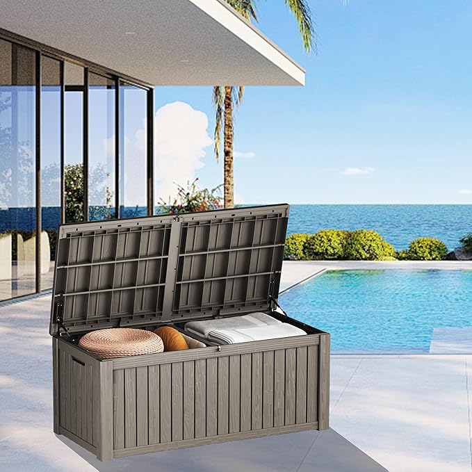 180GAL Brown Versatile Outdoor Deck Box - Waterproof, SGS - Tested UV Protection, Suitable for Various Storage Needs from Pool Accessories to Gardening Supplies
