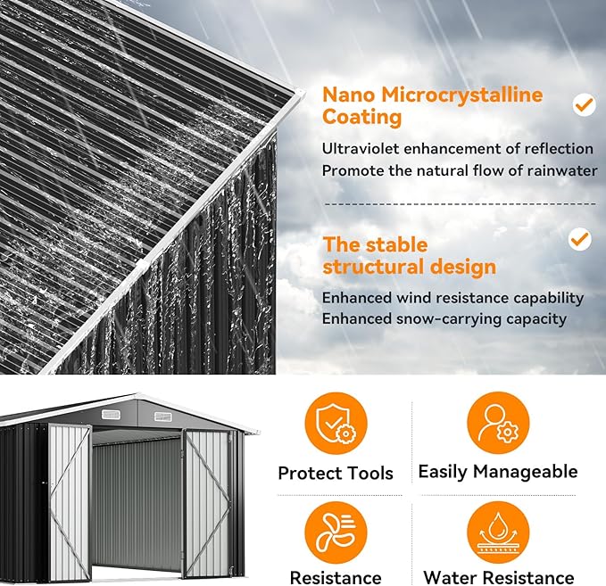 10x12FT Outdoor Storage Shed, Metal Garden Shed with Lockable Double Doors & Sloping Roof, Weather-Resistant Tool Shed for Backyard, Patio, Poolside Black