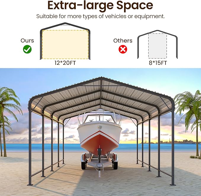 12x20 FT Car Port, Heavy Duty Canopy with Updated Roof & Enhanced Base, Multi-Use Metal Carport Garage for Car, Truck, Boat, Tractors, Party, Grey