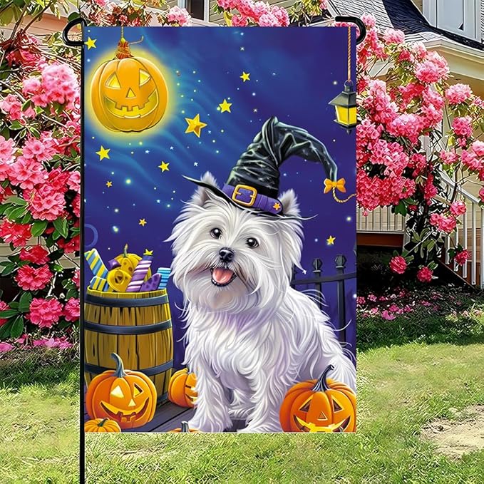 Halloween White Dog Garden Flag 12x18 Inch Double Sided Outdoor Flag
