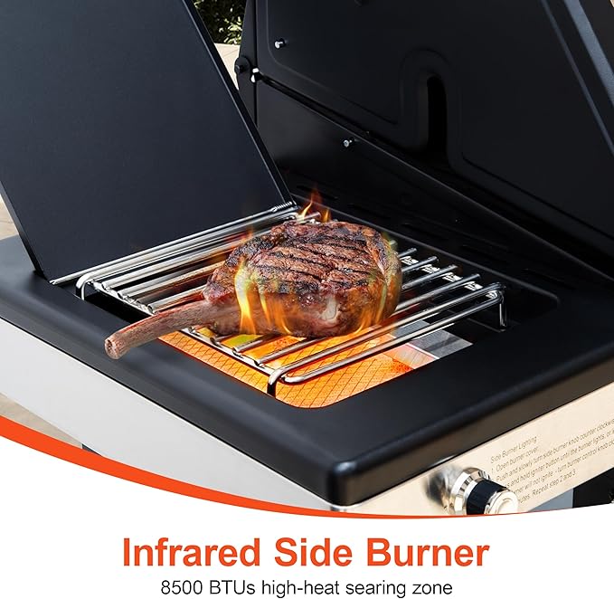 Brand-Man 6 Burner Propane Grill with Infrared Sear Side Burner & Porcelain-Enameled Cast Iron Grate and Plate, Cabinet Style Gas BBQ Grill with Side Table for Barbecue Grilling & Backyard Cooking