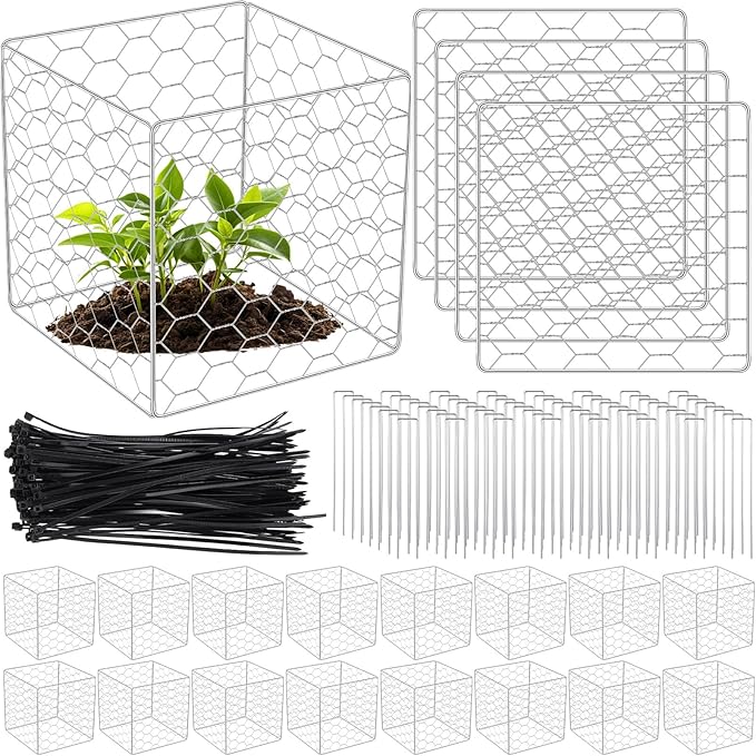16 Set Wire Plant Protectors Square Wire Plant Cages Chicken Wire Cloche Mesh Plant Cage with 64 Ground Stakes and 200 Nylon Ties Protect Plants, Garden, Vegetables from Animals(12 x 12)