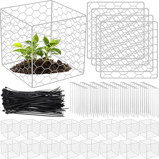 16 Set Wire Plant Protectors Square Wire Plant Cages Chicken Wire Cloche Mesh Plant Cage with 64 Ground Stakes and 200 Nylon Ties Protect Plants, Garden, Vegetables from Animals(12 x 12)