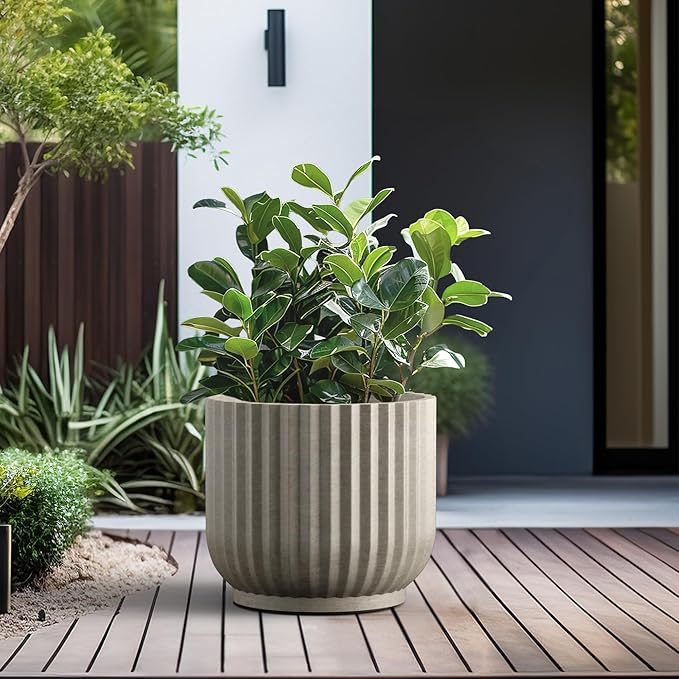 Kante Round Fulted Planter, 16.7 Inch Dia Large Concrete Plant Pots with Drainage Hole and Rubber Plug, Modern Decor for Indoor Outdoor Plants, Flower, Weathered Concrete