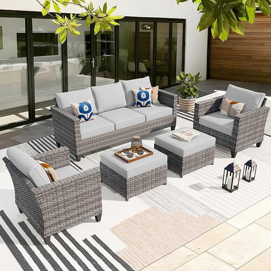 ovios Patio Furniture Set, 5 Pieces Outdoor Wicker Sofa Couch with Chairs, Ottomans and Comfy Cushions, All Weather High Back Rattan Conversation Set, Grey