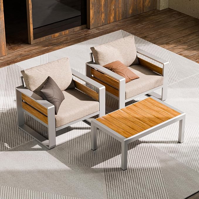 ZANDOR Aluminum Outdoor Patio Furniture - 2 Pcs Armchairs and Coffee Table, All-Weather Metal Modern Outside Furniture with Washable Thick Cushion for Garden/Backyard/Porch, Silver