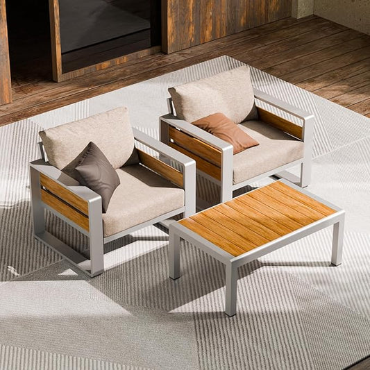 ZANDOR Aluminum Outdoor Patio Furniture - 2 Pcs Armchairs and Coffee Table, All-Weather Metal Modern Outside Furniture with Washable Thick Cushion for Garden/Backyard/Porch, Silver