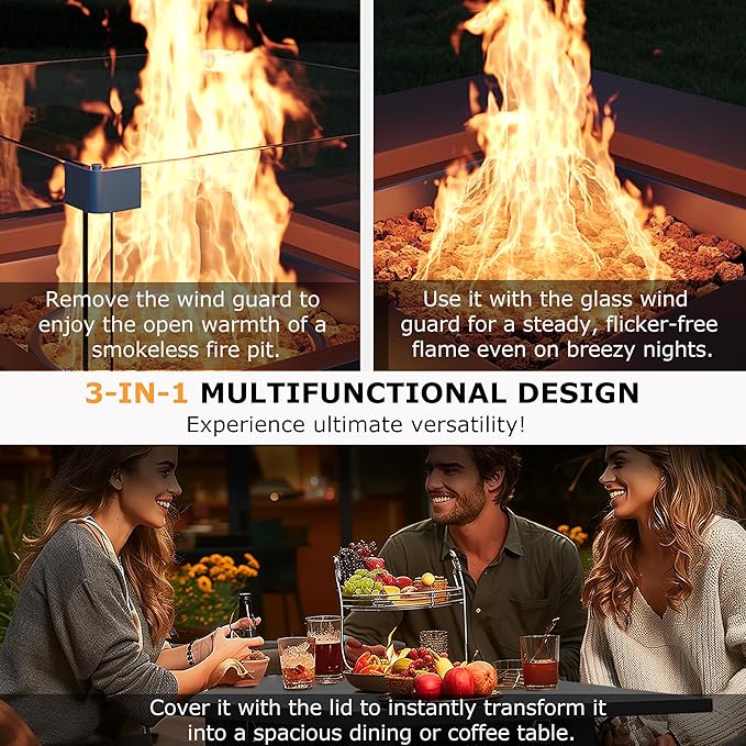 MBY 28'' Propane Fire Pit Table, 50,000 BTU Steel Gas Firepit for Outdoor Patio Deck and Garden, CSA Certified Fire Pit with Lid, Waterproof Cover, Glass Wind Guard and Lava Rock, Beige