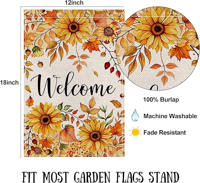 Fall Garden Flag 12 x 18 Inch Double Sided Welcome Sunflower Maple Leaves Designs Autumn Burlap Yard Flag for Outside Rustic Yard Outdoor Holiday Home Decoration