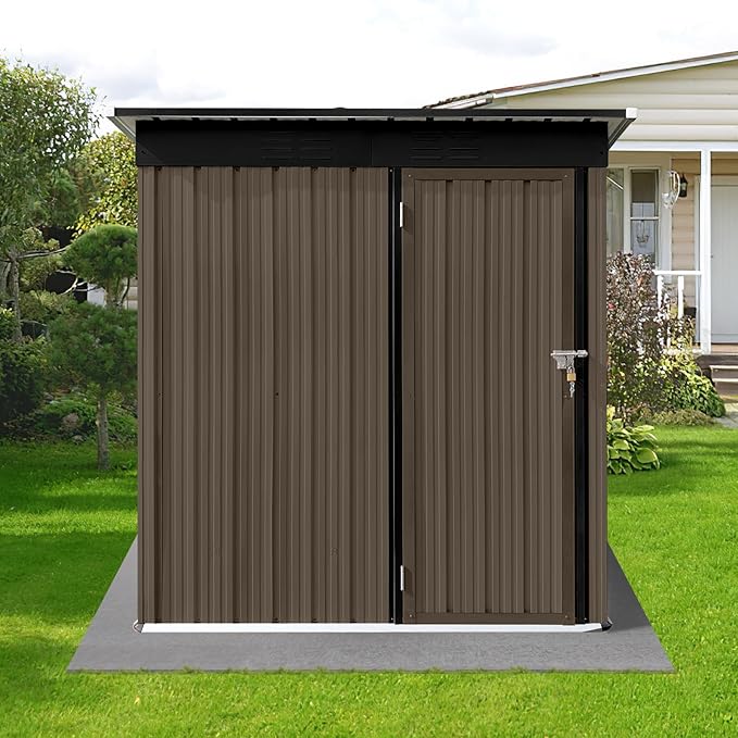 5x4 FT Metal Outdoor Storage Shed,Lockable Garden Tool Sheds with Pitched Roof and Shutter Vents,Practical Weatherproof House for Backyard Lawn,Brown+Black