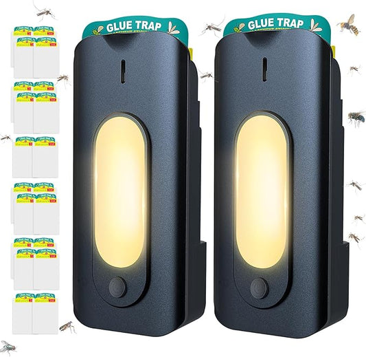 Fruit Fly Trap for Indoors-2PCS, 2 in 1 Fly Trap Indoor with Night Light for Home with 20 Refills, Gnat Traps for House Indoor, Plug-in Insect Trap for Gnats, Flies, Moths-Black