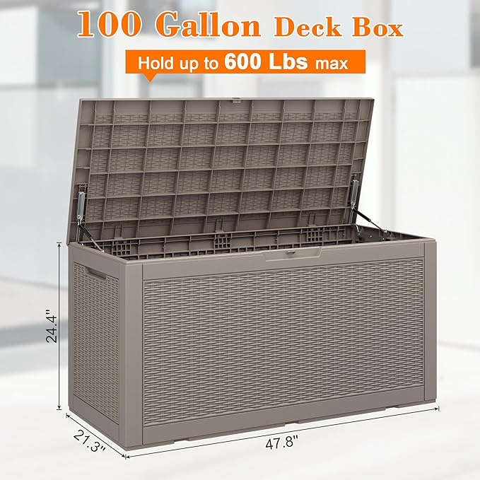100 Gallon Resin Deck Storage Boxes Outdoor Waterproof, Lockable Outdoor Storage Container for Patio Cushions, Garden Tools, Pool Accessories,Grey