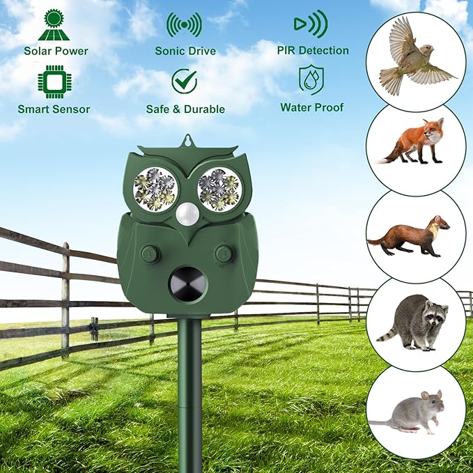 Animal Repellent Outdoor Solar Powered, Ultrasonic Deer Squirrel Skunk Rabbit Rodent Dog Deterrents Waterproof Animal Repeller, Pest Control for Gardens, Deter Mice, Snake, Squirrels, Rodents