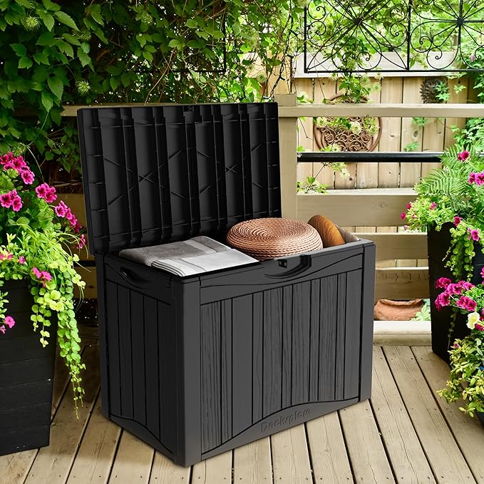50GAL Black Deck Box with Unique Pattern and Lock Hole - Waterproof, Durable Resin Construction, SGS Sun Protection, Ideal for Storing Outdoor Furniture Covers, Effortless Assembly