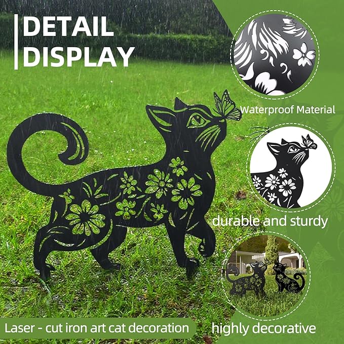 Metal Cat Garden Decor for Outside (2 Pack), 14" Yard Art Stakes,Unique Gift for Kitty Lovers, Outdoor Lawn Statues and Weather Resistant Yard Art