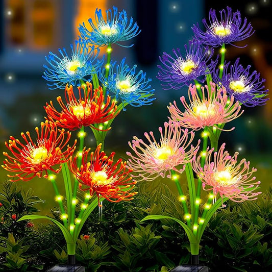 Solar Outdoor Lights 4 Colors Spider Lily – 4 Pack 12-Head Waterproof Garden Flower Lights with Glowing Stems,Decorative Solar Powered Yard,Patio & Lawn Decor,Gardening Gifts for Women Grandma