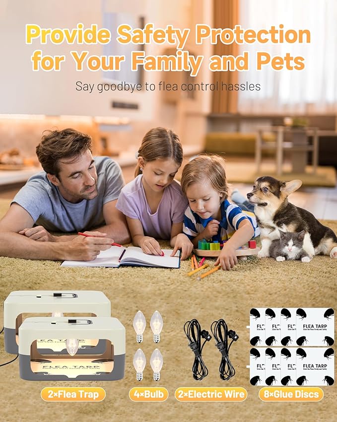 2 Pack Flea Traps for Inside Your Home, Flea Light Traps for Home Indoor with 4 Bulbs and 8 Sticky Discs, Bed Bug Trap Safe to Pets and Kids