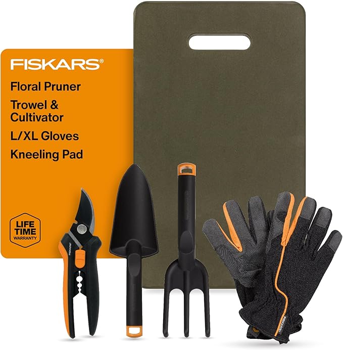 Fiskars Flower Gardening Tool Set with Floral Pruner, Trowel, Cultivator, Garden Gloves, and Ultra-Light Kneeling Cushion for Outdoor Use (5 Piece Kit)