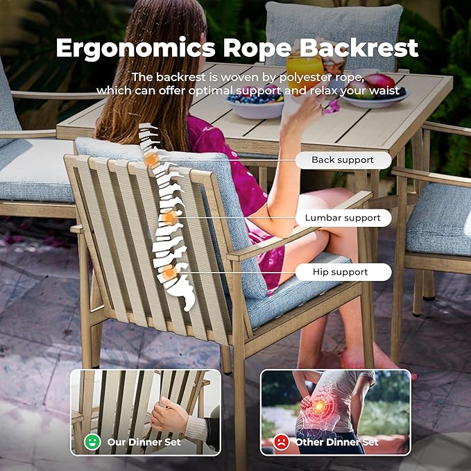 HAPPATIO 5-Piece Outdoor Dining Set for 4, Aluminum Patio Dining Set Includes 1 Large Square Table with Umbrella Hole and 4 Dining Chairs, Patio Furniture Set for Lawn, Porch, or Backyard (Brown)