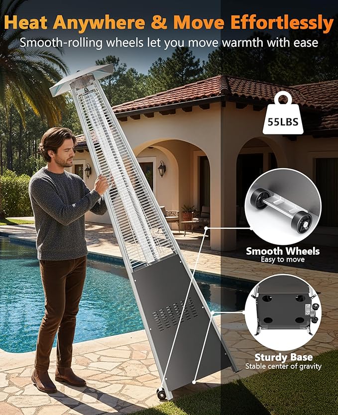 Pyramid Patio Heater for Large Area, 48,000 BTU Rapid Heating Outdoor Propane Heater With Wheels and Weatherproof Cover, Triple Protection System for Patio, Backyard, Garden, Pool