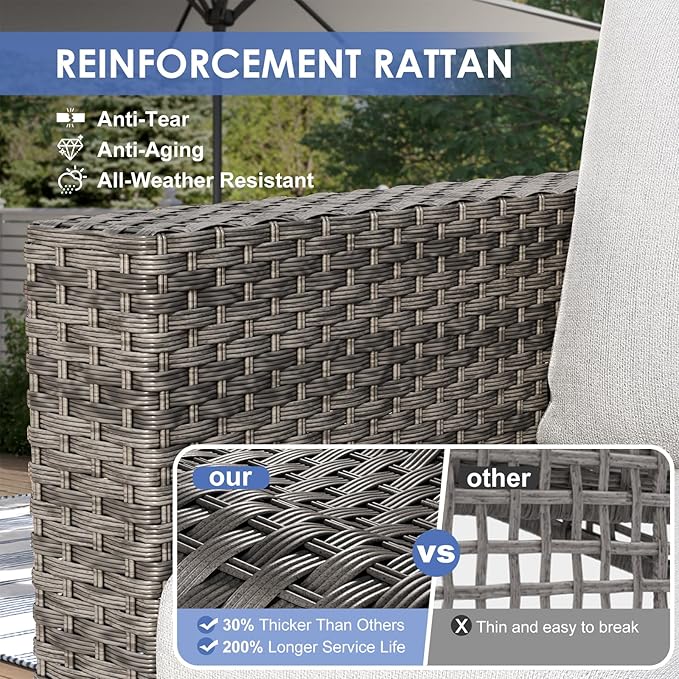 ABCASA Patio Furniture Set with Fire Pit Table, 44" 60,000 BTU Flame Comfortable 8 Piece Wicker Rattan Outdoor Furniture Set with Propane Fire Pit, Patio Conversation Sets for Porch,Deck,Poolside,Grey